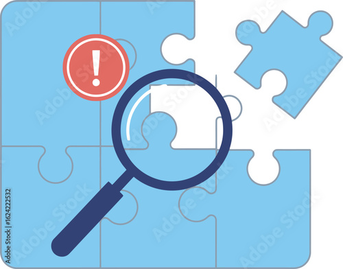 A missing puzzle piece is examined under a magnifying glass, highlighting a problem within a larger, incomplete puzzle.