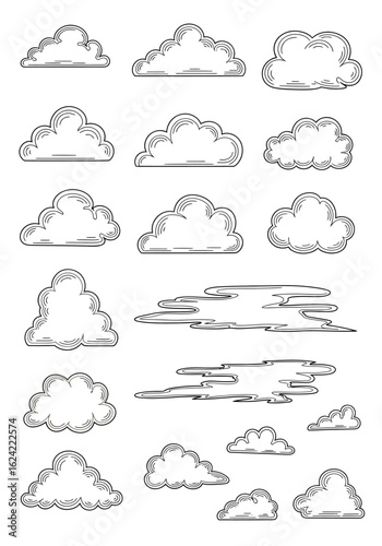 A collection of hand-drawn, stylized cloud illustrations featuring various shapes and sizes, presented in a clean, graphic style.