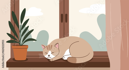 Cozy Cat naps on windowsill with plant; peaceful day and relaxing at home