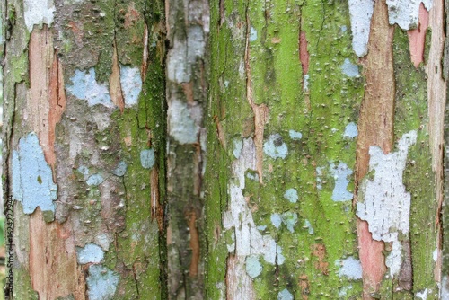 Close up of Mossy Tree Bark with Weathered Texture and Lichen Growth