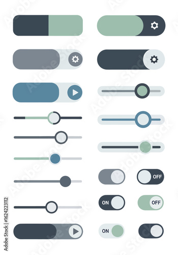 Collection of flat UI design elements: buttons, sliders, and toggles.