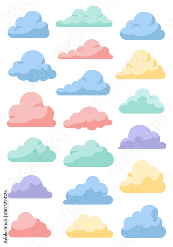 Collection of colorful cartoon clouds in various pastel shades.