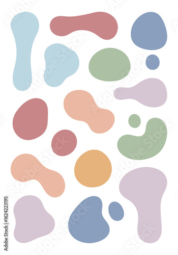 An abstract collection of organic, fluid blob shapes in a muted pastel color palette on a white background.
