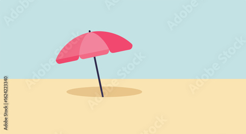 Pink Parasol Shade on Beach. Sunny Sky. Graphic Design, Vacation Planning Illustration