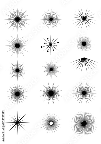 A collection of diverse starburst graphic elements, each with radiating lines and varying degrees of sharpness and density, presented on a clean white background.