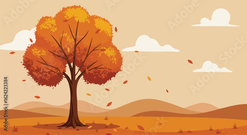 Autumnal tree losing leaves in illustration, with hills and sky as background