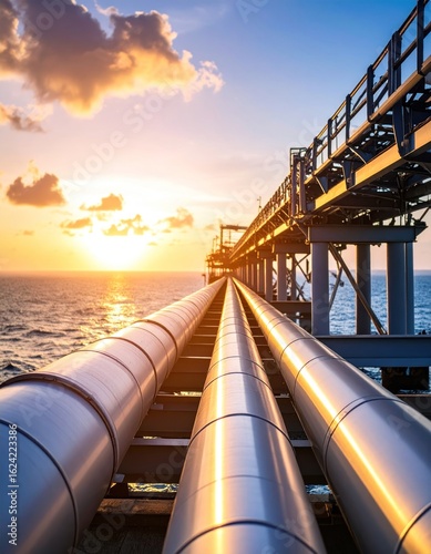 Industrial pipes at sunset over water