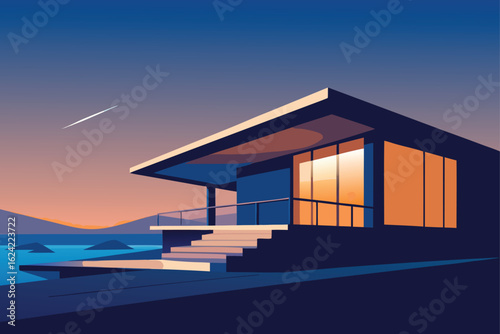 minimalist ocean front bungalow at twilight  .eps
