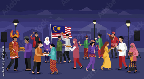 A lively dance performance at night in Malaysia, with people in traditional costumes dancing and celebrating with the national flag in the background.