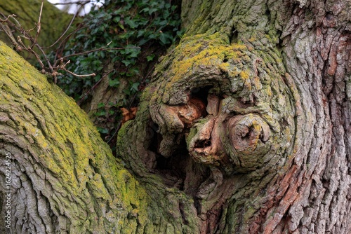 Close-up of gnarled tree trunk with moss and decay