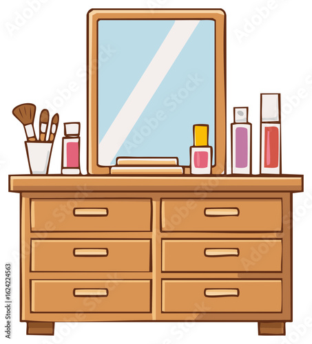 Cartoon Wooden Dresser with Mirror, Makeup, and Brushes in a Stylish Illustration