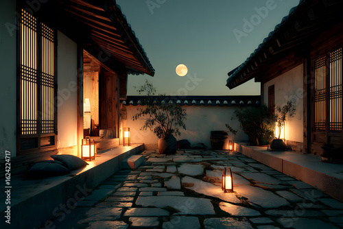 전통 한국 한옥 마당의 풍경