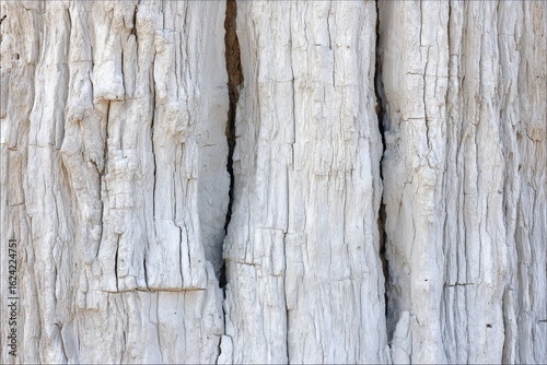 Close-up of a textured, light gray, cracked tree trunk