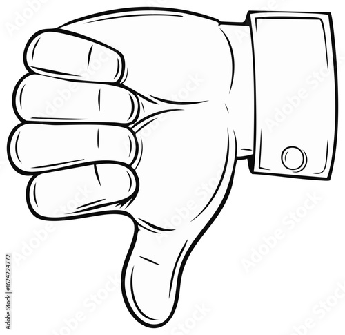 Black and white line art illustration of hand gesturing thumbs down rejection