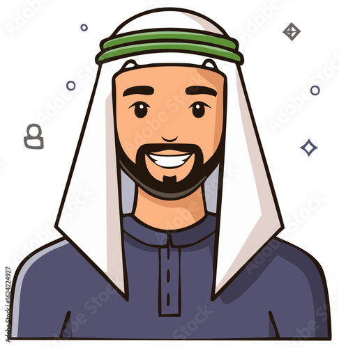 Smiling Man in Traditional Arabic Keffiyeh and Thobe Headwear
