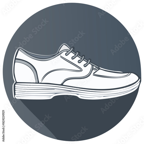 Isolated White Oxford Shoe Illustration on Round Gray Background with Drop Shadow