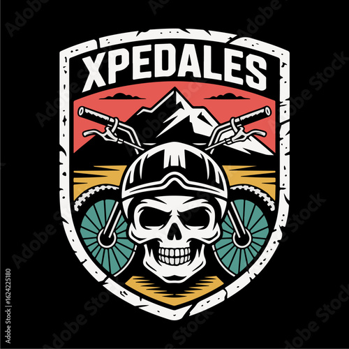 A stylized emblem featuring a skull wearing a biking helmet, with handlebars and mountain backdrop, under the word "XPEDALES.".