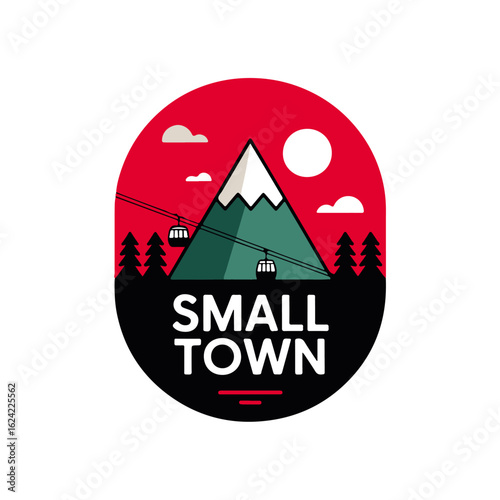 An oval-shaped logo featuring a snow-capped mountain, pine trees, cable cars, clouds, and the text "SMALL TOWN".