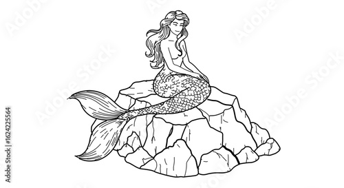 Mermaid sitting on rock drawing sea ocean mythical creature fantasy art illustration coloring page design 100