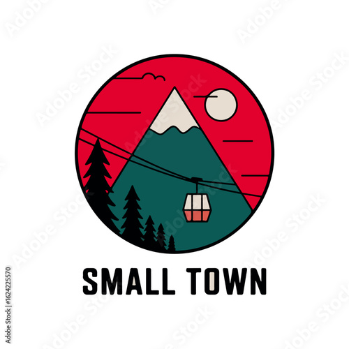 A stylized illustration featuring a mountain scene with a gondola lift, and trees.