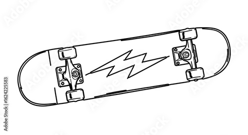 Skateboard outline drawing with lightning bolt design for skateboarding and extreme sports enthusiasts