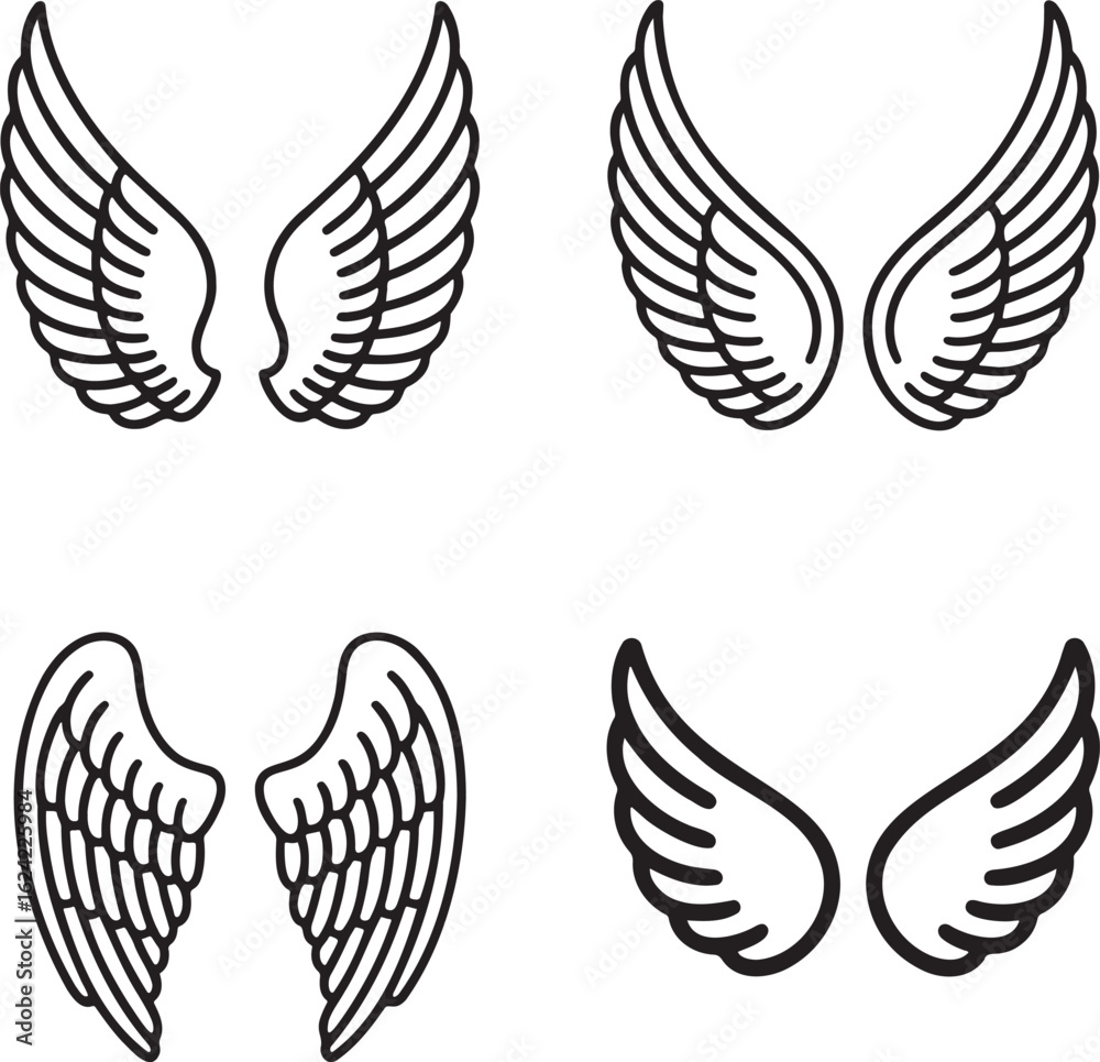 Fototapeta premium Set of Feathered Wing Outline vector illustration isolated On Transparent Background