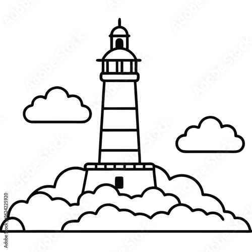 Black and White Lighthouse on Clouds With Two Additional Clouds Illustration