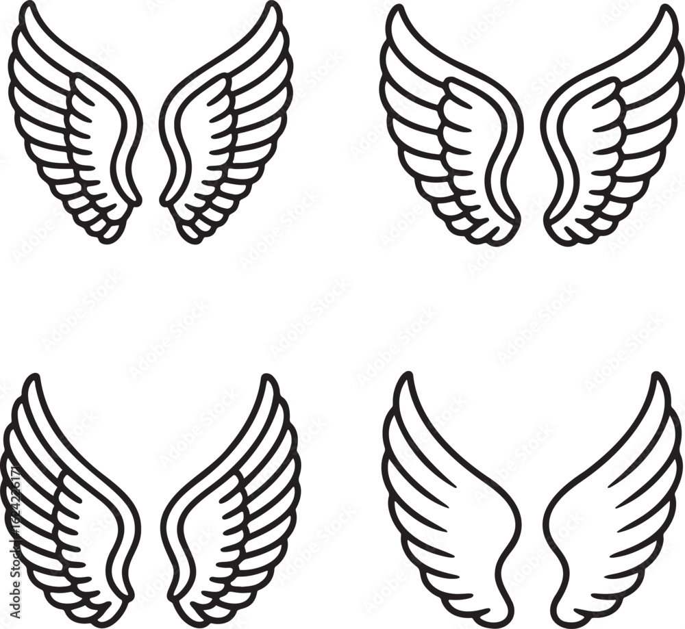 Obraz premium Set of Feathered Wing Outline vector illustration isolated On Transparent Background