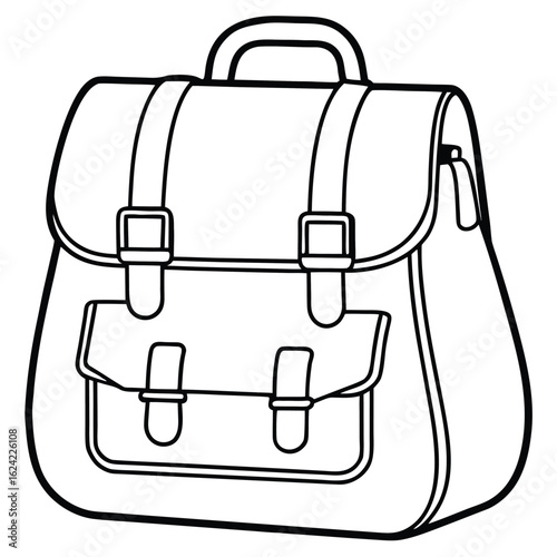 Black and White Line Art of a School Bag with Straps and Buckles