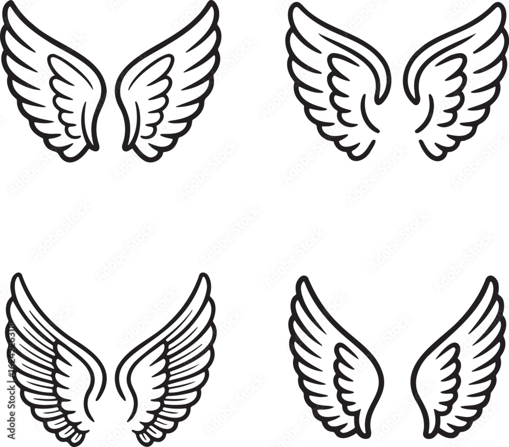 Obraz premium Set of Feathered Wing Outline vector illustration isolated On Transparent Background