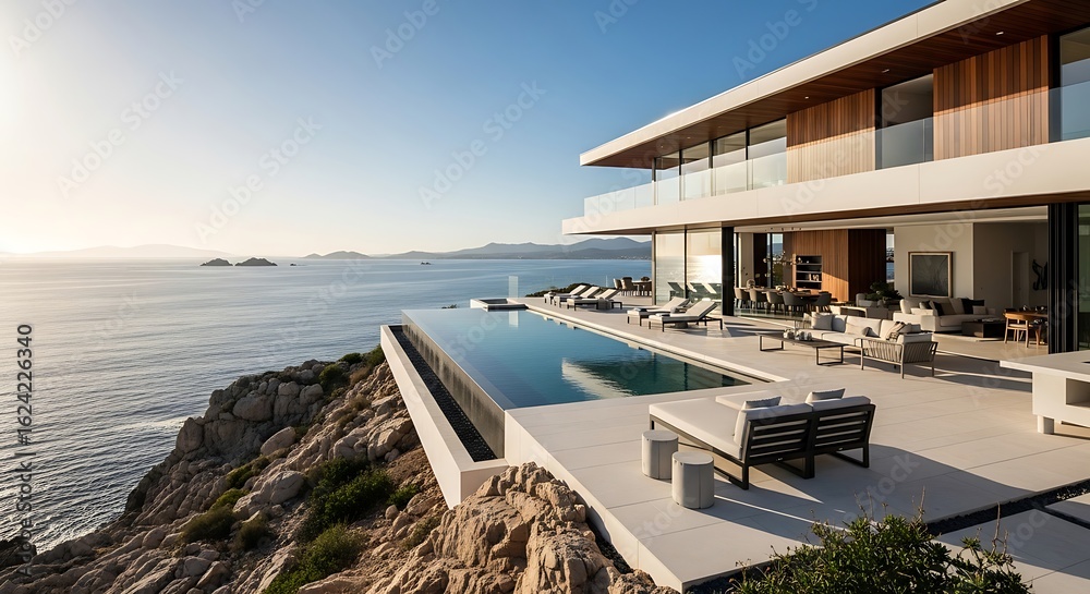 Fototapeta premium Oceanfront luxury villa with infinity pool perched atop rocky cliffs overlooking the sea