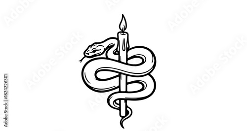 Snake and candle tattoo design, esoteric symbol, occult art, serpent and flame illustration drawing vector