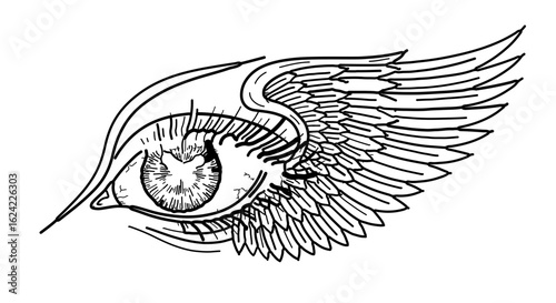 Eye with wing tattoo design vector illustration drawing concept for art and graphic design projects one hundred