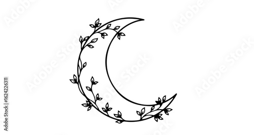 Botanical crescent moon vector art illustration with floral vine and leaves design for print and web use