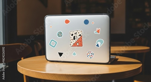 A laptop adorned with colorful stickers sits a round wooden table in a cafe, showcasing a blend of technology, art, and personal expression