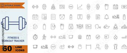 Fitness & Workout Tracker Icon Set – 60 Line Symbols for Exercise, Health Monitoring, and Active Lifestyle Design