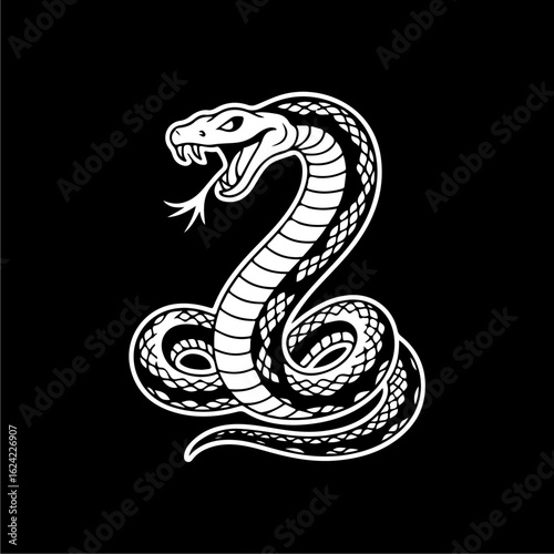 A stylized white snake with its mouth open, poised to strike, against a solid black background.