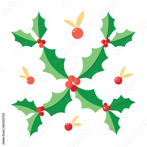 Holly Berries and Leaves Christmas Holiday Decorative Pattern on White Background