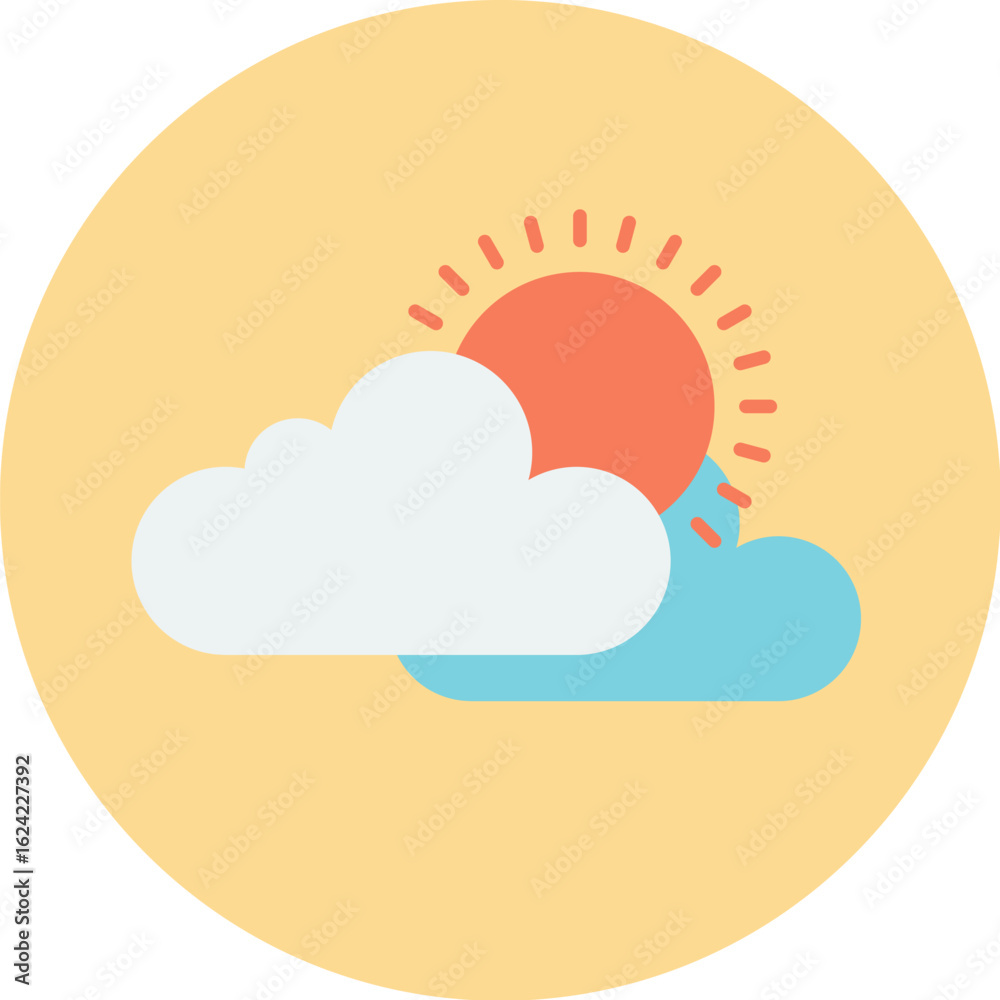Graphic illustration of a partly cloudy day with the sun peeking out from behind white and blue clouds, set against a light yellow circle background. Graphic illustration of a partly cloudy day with the sun peeking out from behind white and blue clouds, set against a light yellow circle background.
