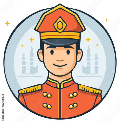 Cartoon avatar icon of a smiling doorman or royal guard in a traditional red and gold uniform