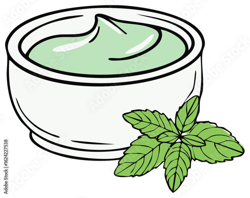 Hand drawn illustration of pesto sauce in a bowl with fresh basil leaves