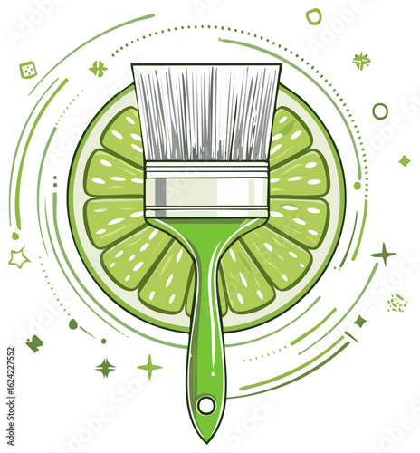 Paintbrush over Lime Slice, Green Graphic Elements, Citrus Illustration, Creative Concept