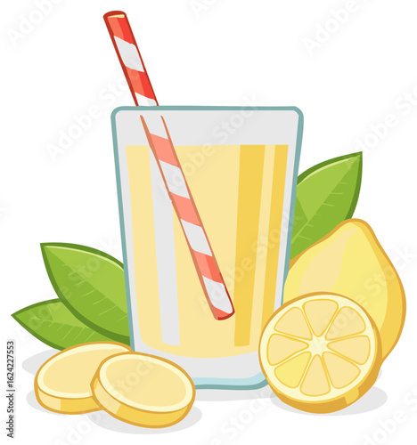 Cartoon glass of refreshing lemonade with fresh lemons and a striped straw