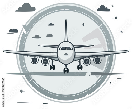 Commercial Jet Plane, Aircraft Landing, Graphic Icon of Airline Transportation and Travel