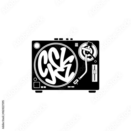 Black and white illustration of a turntable with stylized lettering on the record.