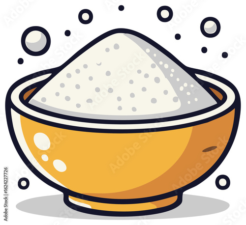 Yellow bowl filled with white granular sugar or salt powder illustration