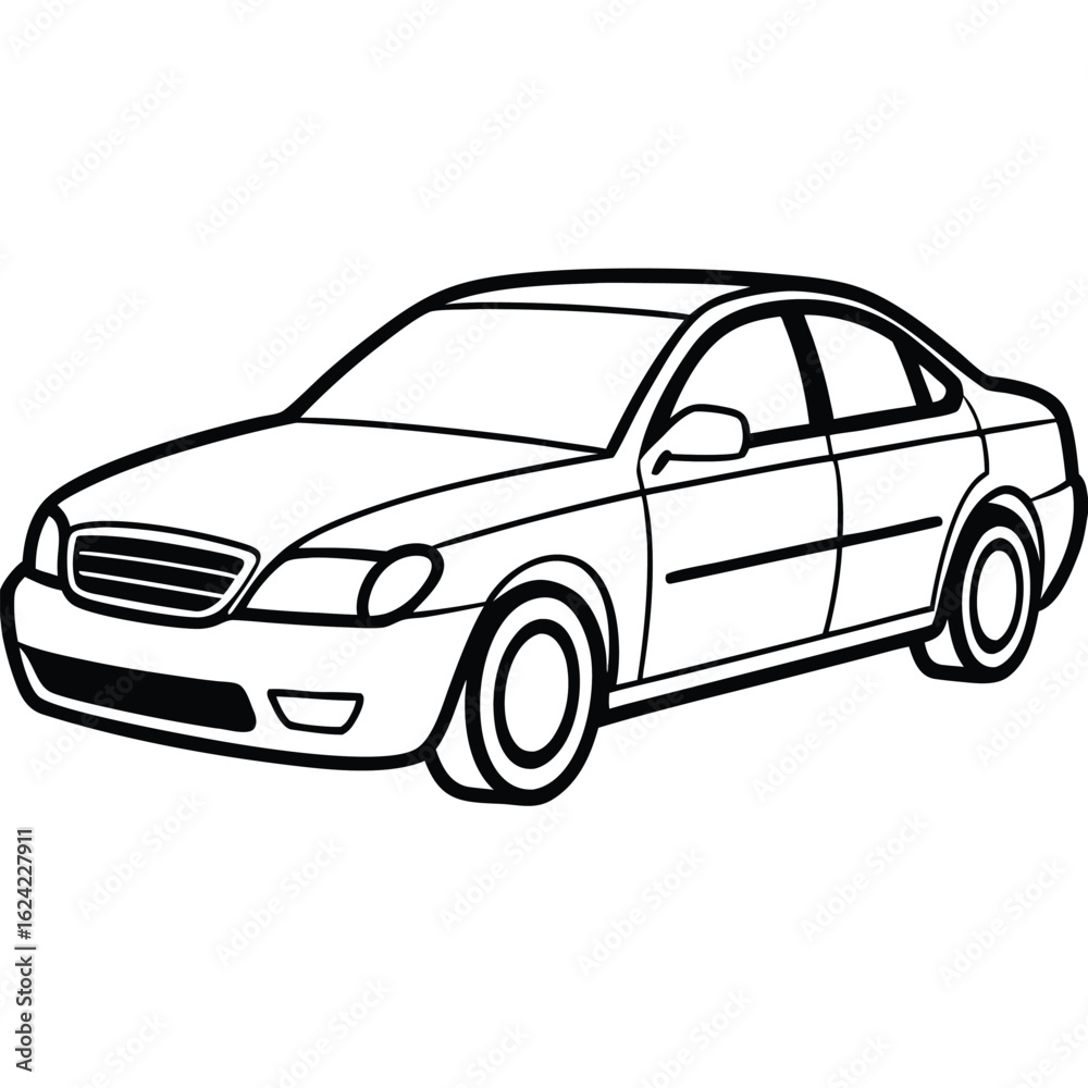 Fototapeta premium Outline Illustration of a Sleek Sedan Car, Black and White Design, Transportation Theme