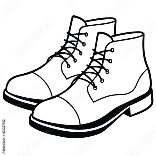 Outline Illustration of Classic LaceUp Leather Boots in Black and White Style
