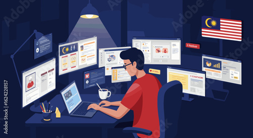 A young woman working on a laptop, analyzing data, with the Malaysian flag in the background, representing the country's technological progress and the role of women in the digital space.
