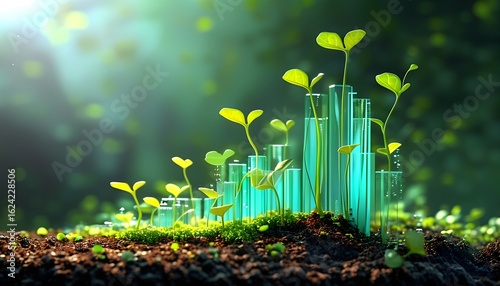 Green shoots of new life emerge from a vibrant glowing cityscape of futuristic glass buildings symbolizing sustainable growth and environmental innovation in a lush forest